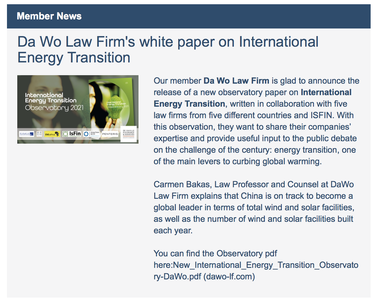 Da Wo Law Firm's white paper on International Energy Transition